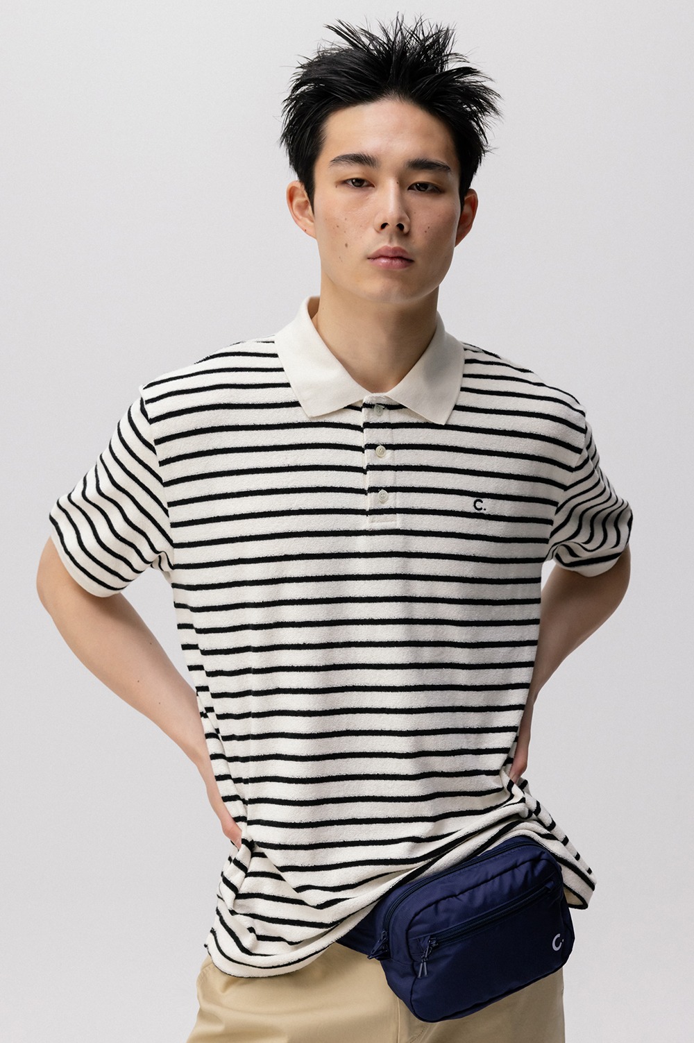 clove - [24SS clove] Soft Stripe Terry Polo Shirt (Black)
